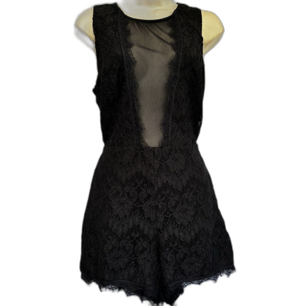 BEBE Black Floral Lace Romper Sheer V-Neck Zipper Back Medium